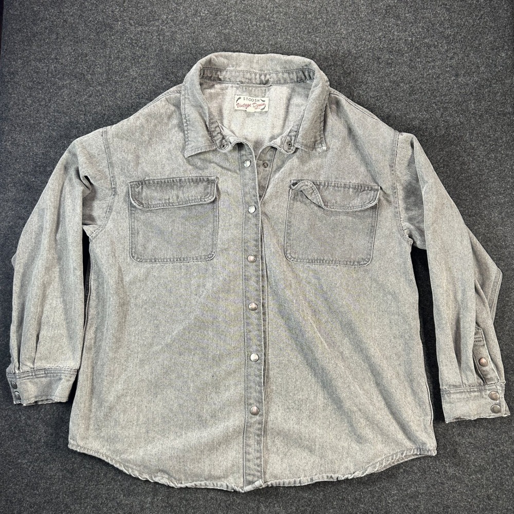 Stoosh Vintage Denim Grey Acid Wash Snap Button Down Shirt Mens Large